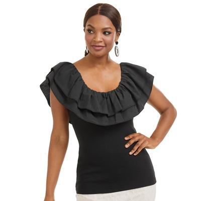 K Jordan Ribbed Ruffle Top (Size L) Black, Cotton,Spandex