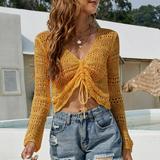 DondPO Crop Tops Going Out Tops Womens Off The Shoulder Sheer Crop Top Bell Sleeves Flowing Oversized Crochet Hem Pullover Sweater Or Swimsuit Cover Ups Sexy Tops Cute Tops Womens Tops Yellow L
