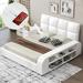 Queen Upholstered Platform Bed Frame w/ Storage Shelves, Multimedia Nightstand with Bluetooth Speakers & Charging Station, White