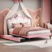 Full Size Princess Bed with Crown Headboard and 2 Drawers, PU Platform Bed with Headboard & Footboard, White+Pink