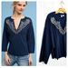Anthropologie Sweaters | Anthropologie Moth Navy Blue Beaded Split V-Neck Sweater Women's Size M | Color: Blue | Size: M