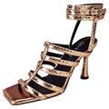 QUTAA Women's Cage High Heels Sandals Open Toe Ankle Strap Strappy Heeled Stiletto Square Toe Wedding Work Party Dress Black Gold Shoes, Gold, 7 UK