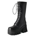 Alsoloveu Women's Platform Combat Boots Square Toe Chunky High Heel Mid Calf Boots Lace Up Boots for Women with Zipper UK Size 2, Black