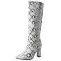 Alsoloveu Women's Knee High Boots Fashion Faux Snakeskin Boots Pointed Toe Chunky Heel Boots for Party Wedding Dress UK Size 7, White