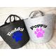 Personalised Grey Small or large Felt Dog Pet storage trug bag with Paw print and name detail