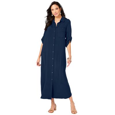 Plus Size Women's Collared Button Front Dress by Roaman's in Navy (Size 14 W)