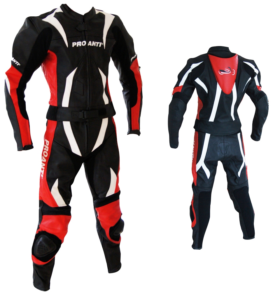 Motorradkombi PROANTI Gr. 58, weiß (schwarz, rot, weiß), Overalls, 58, Obermaterial: 90% Büffelleder, 5% Elasthan, 5% Polyester. Innenfutter: 100% Polyester, aus Leder Image