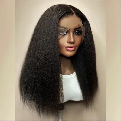 Yaki Glueless Long Soft Lace Front Wig pour femme Kinky Straight BabyHair Black Preplucked Heat