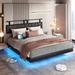 Wrought Studio™ Jeason Vegan Floating Bed Frame w/ LED Lights & Charging Station Upholstered/Faux in Black | Wayfair