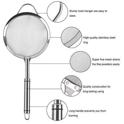 Stainless Steel Fine Mesh Strainer Colander Flour Sifters with Handle - Silver Tone