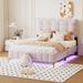 Full/Queen Size Upholstered Platform Bed with LED Lights and Headboard, Modern Velvet Bed Frame with Stylish Mental Bed Legs