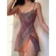 Robe camisole en maille transparente pour femme mini robe dos nu col en V imprimé tie-dye fente