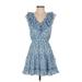 Sugar Lips Casual Dress - A-Line V Neck Short sleeves: Blue Floral Dresses - Women's Size X-Small