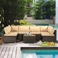 FHFO 7 Pieces Patio Furniture Set Wicker Outdoor Conversation Set Rattan Sectional Sofa Set w/Washable Cushions & Glass Coffee Table for Porch Poolside Backyard-Brown/Brown