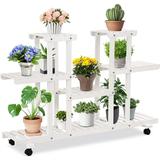 Rolling Flower Rack Wood Plant Stand on Wheels 6 Wood Shelves 12 Pots Bonsai Display Shelf Indoor Outdoor Yard Garden Patio Balcony Living Room Storage Rack Bookshelf Hollow Shelves (White)