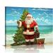 JEUXUS Oil Painting Canvas Artworks Funny Santa Claus Christmas Tree on Beach Photo Prints Wall Art Blue Ocean Sky Seascape Stretched and Framed Poster Pictures for Kitchen 20x16in