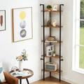 Corner Shelf Stand 5 Tier Industrial Corner Bookshelf Tall Corner Plant Shelf with Metal Frame Multipurpose Open Corner Shelves Display Shelf for Small Space Office Bedroom Brown