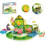 PicassoTiles 89-Piece Dinosaur Race Car Track Magnetic Tiles Building Set PTR02