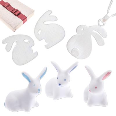 Bunny Glam,'Curated Gift Set with Rabbit Necklace Earrings & 3 Figurines'