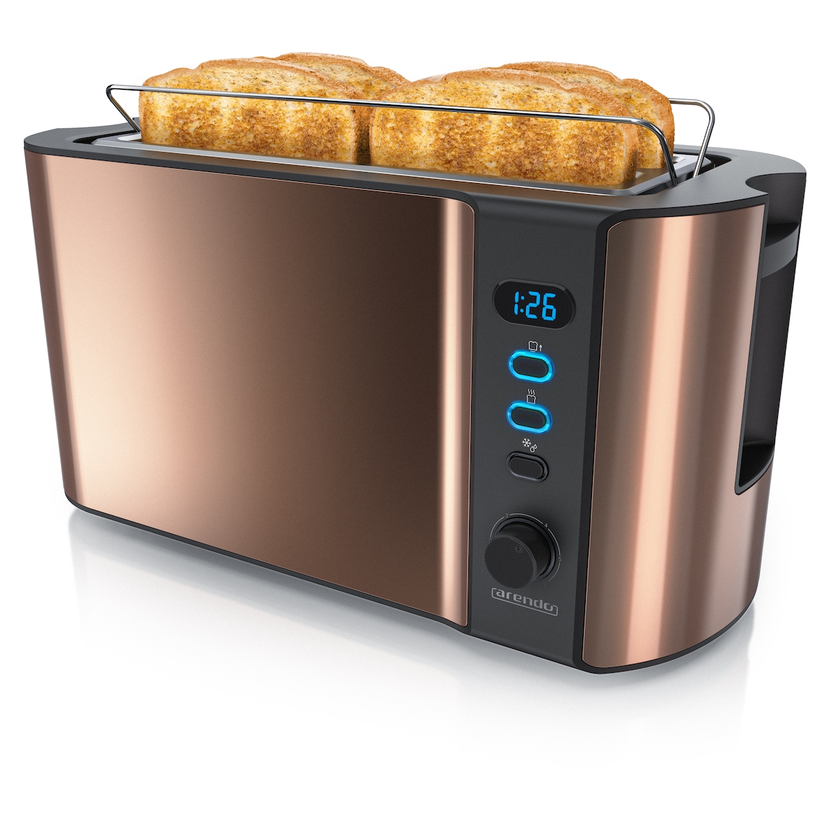 Arendo Toaster für 4 Scheiben, 1500W, Langschlitz, Brötchenaufsatz, Wärmeisoliert, Display, Kupfer Image