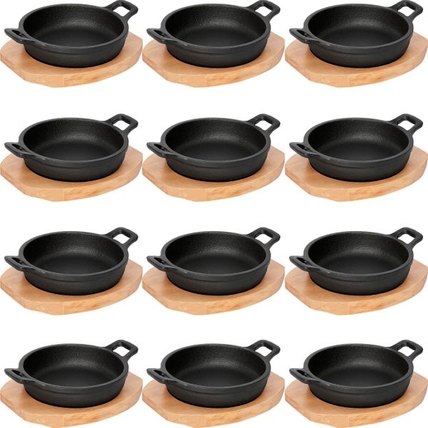 15x WAS Germany Servierpfanne mit Holzuntersetzer und zwei Seitengriffen Ø 10 cm Gusseisen Image