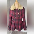 Anthropologie Jackets & Coats | Anthropologie Elevenses Red Plaid Wool Faux Fur Collar Coat Jacket Women's S 6 | Color: Black/Red | Size: 6