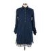 Blue Rain Casual Dress - Shirtdress Collared 3/4 sleeves: Blue Solid Dresses - Women's Size Large