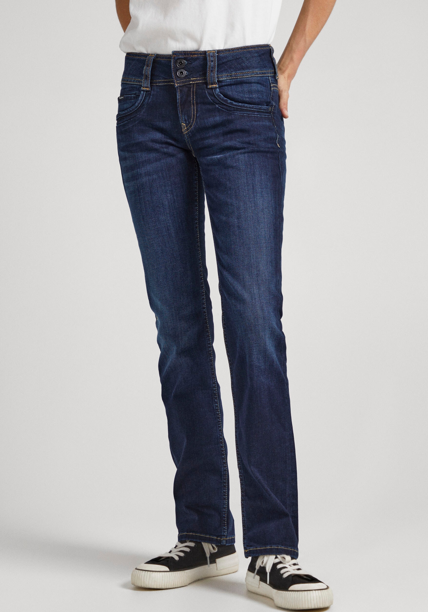 Straight-Jeans PEPE JEANS "GEN", Damen, Gr. 27, Länge 34, blau (schwarz used), Web, Obermaterial: 84% Baumwolle, 14% Polyester, 2% Elasthan, slim fit lang, Jeans Straight-Jeans, in Baumwoll-Qualtät mit geradem Bein und Doppel-Knopf-Bund