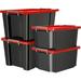 V12 Heavy Duty Storage Bins With Latching Lids Stackable Plastic Tough Tote Containers With Handles For Tools Camping Hunting Sporting Goods Organizing (Black Base/Red Lid 2 Large+2 Small)