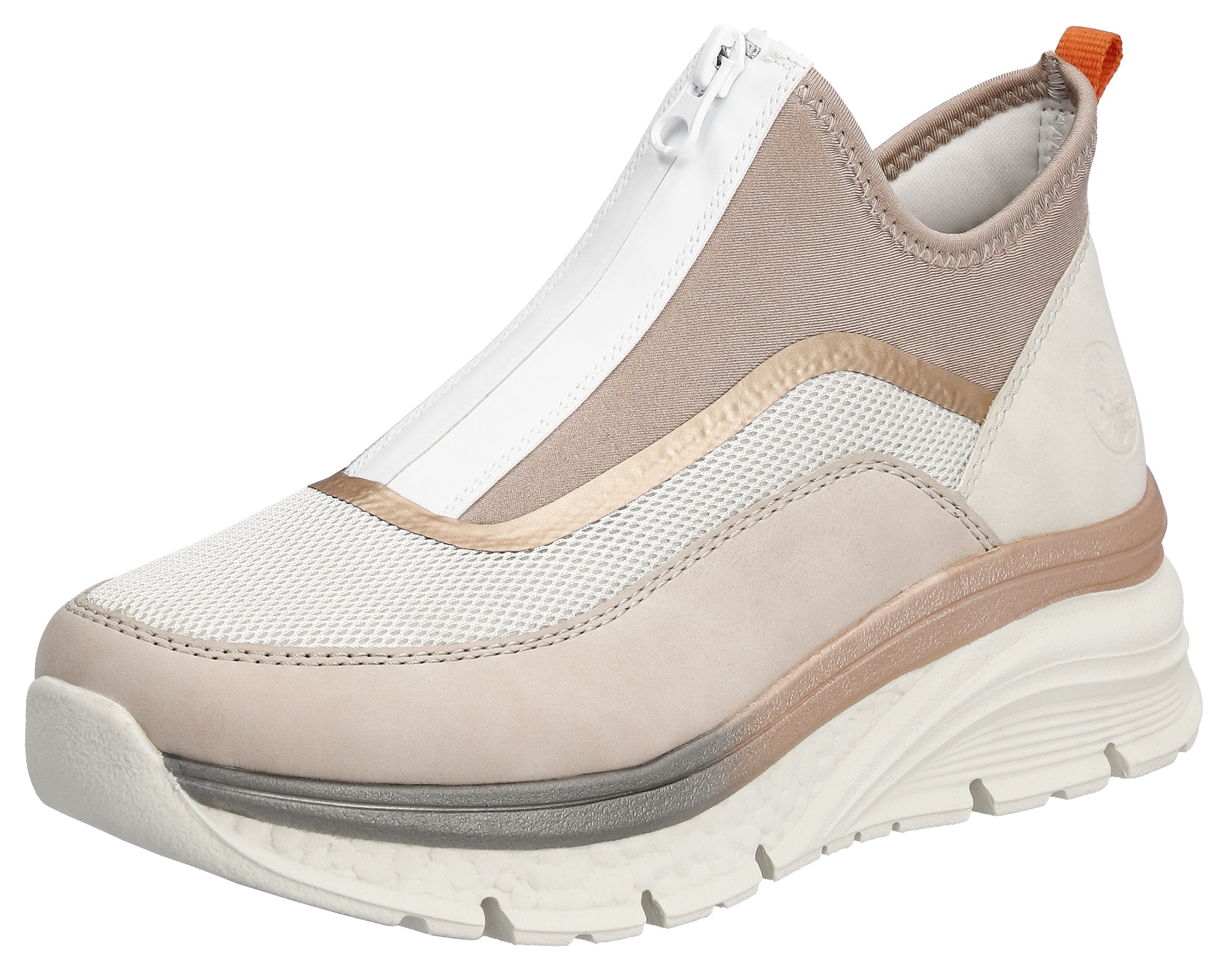 Schlupfboots RIEKER, Damen, Gr. 36, beige (beige kombiniert), Nubuklederimitat, Textil, Schuhe Schlupfboots, Keilabsatz, Freizeitschuh, High Top-Sneaker, Reißverschluss