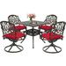 Haverchair 5 Piece Cast Aluminum Patio Dining Set Outdoor Furniture Set Patio Garden Set with 4 Swivel Rocker Ding Chairs 4 Red Cushions and 35.4 Square Patio Table 2.2 Umbrella Hole