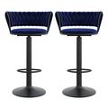 Velvet Bar Stools with Woven Back Set of 2, 360° Swivel Barstools with Metal Base, Modern Bar Chair Adjustable Counter Height Stools for Kitchen Island, Cafe, Pub, Blue