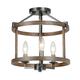 LNC 3-Light Farmhouse Distressed Brown Drum Wood and Matte Balck Candle Shade Semi-Flush Mount for Laundry