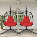 2 Piece Egg Chair Outdoor Wicker Egg Chair with Stand Patio Swing Chair Hammock Basket Chair with Removable Red Cushion All-weather Rattan Egg Chair for Living Room Balcony Porch 300lbs Capacity