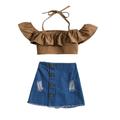 TheFound Toddler Baby Girls Summer Outfits Tie-Up Halter Neck Ruffles Tank Tops Distressed Denim Skirts Clothes