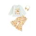 Bslissey Toddler Baby Girls 3Pcs Thanksgiving Outfits Long Sleeve Letter Print T-shirt + Pumpkin Print Flared Pants + Headband Sets Infant Casual Daily Clothes 0-3 Years