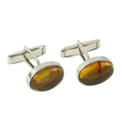 Amber Harmony,'Men's Sterling Silver and Amber Ova...