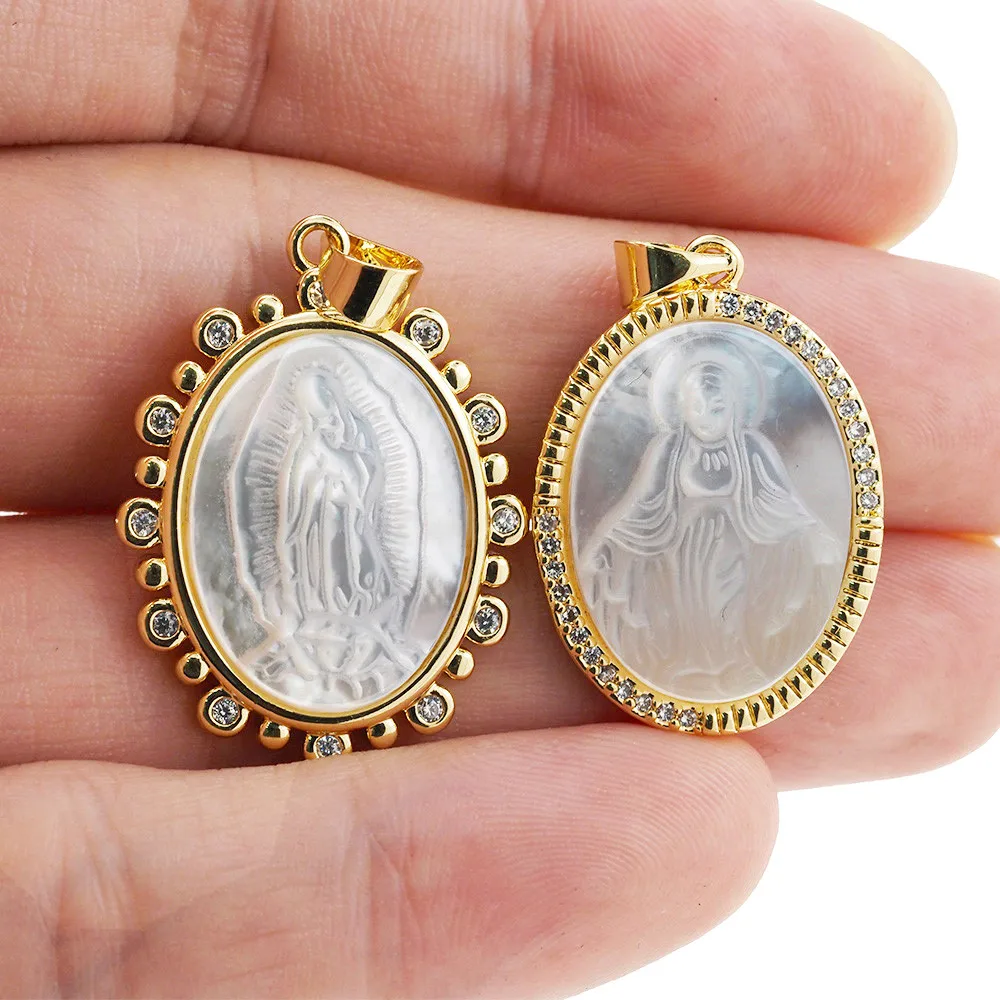Nouvelle médaille ovale vierge marie arbre de vie Corss pendentif perle coquille CZ collier à breloques accessoires pour femmes fabrication de bijoux de mode