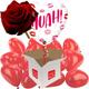 Romantic Kisses Muah! Heart Helium Inflated Balloon with 12 Mini Red Heart Air-Filled Balloons and Single Luxury Red Rose all delivered in a box