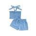 Qmyliery Kids Girl Halter Tanks Tops + Shorts Solid Color Pleated Decoration Casual Summer Clothing 2-7 Years