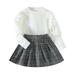Cute Fall Outfits For Toddler Kids Baby Puff Sleeve Long Sleeve T Shirt Tops Button Woolen Plaid Skirts 2Pcs Princess Clothes Set Baby Outfit Sets Fall Grey 3 Years-4 Years