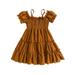 Canrulo Toddler Baby Girls Summer A-line Dress Short Sleeve Off-Shoulder Spaghetti Straps Casual Loose Pleated Dress Brown 4-5 Years