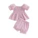 TheFound Infant Baby Girls Summer Outfit Stripe Short Puff Sleeve Ruched Dress Tops Elastic Waist Shorts 2Pcs Clothes
