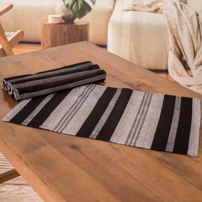 Shadows of Delight,'Set of 4 Handloomed Striped Grey and Black Cotton Placemats'