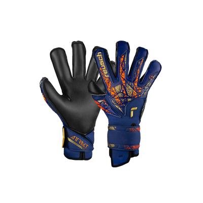 Torwarthandschuhe REUSCH "Attrakt Duo Evolution", Damen, Gr. 9,5, bunt (goldfarben, blau), 74% Elastodien, 21% Polyester, 5% Polyamid, mehrfarbig, sportlich, Handschuhe, mit Evolution Cut