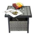 Ktaxon Woode Side Table Patio Wooden Table with Umbrella Hole Storage Space Square PE Rattan End Table for Patio Garden Poolside Deck Grey