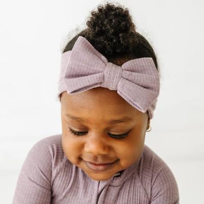 Heather Smokey Lavender Ribbed Luxe Baby Girl Soft & Stretchy Bamboo Bow Headbands - Newborn - 3T