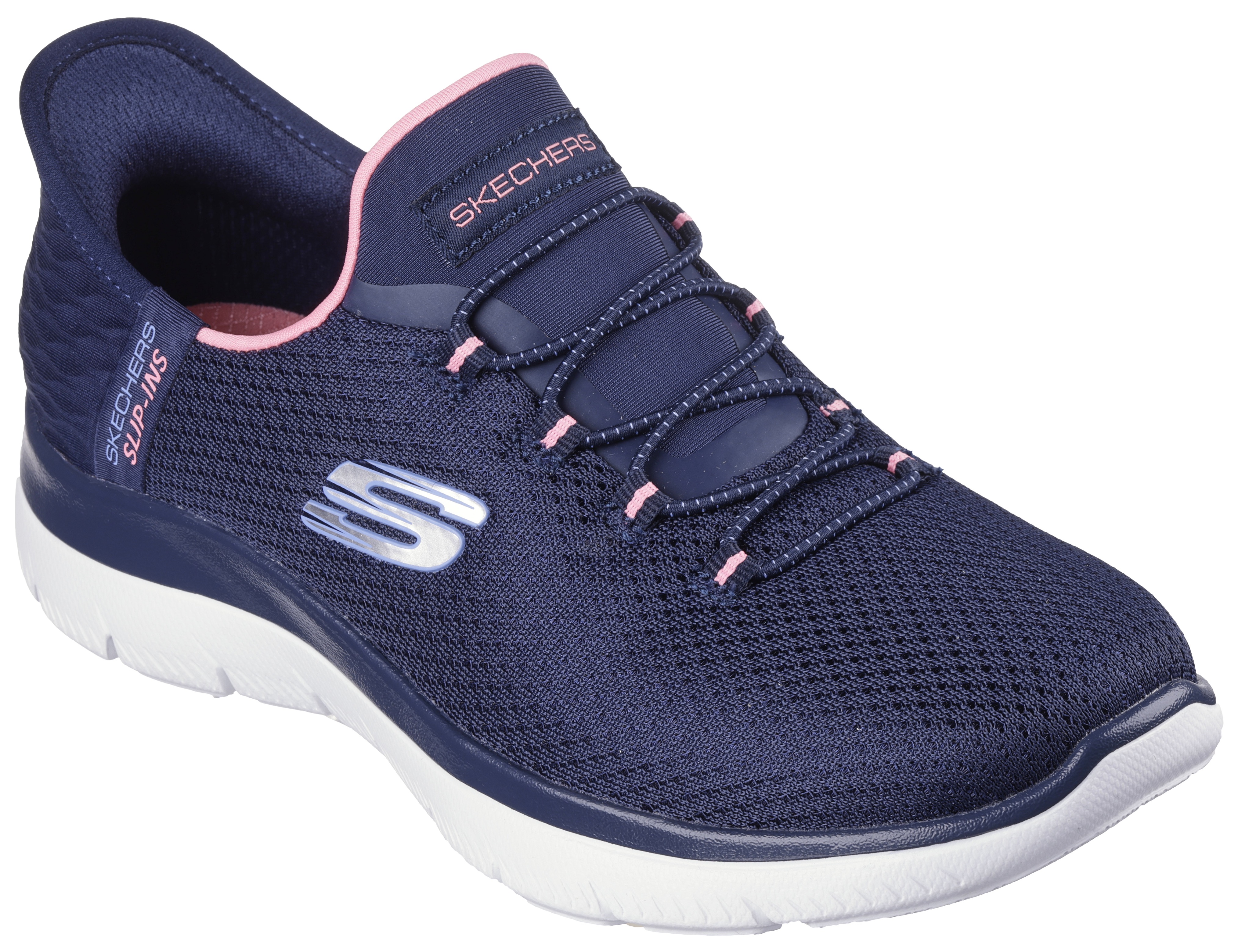 Slip-On Sneaker SKECHERS "SUMMITS-DIAMOND DREAM", Damen, Gr. 42, blau (navy, pink), Textil, Schuhe, Schlupfschuh, Freizeitschuh mit praktischer Slip-Ins Funktion, Topseller