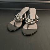Coach Shoes | Coach Black Leather Thong Wedge Heel Sandal With Silver Hardware Size 7 1/2 | Color: Black/Silver | Size: 7.5