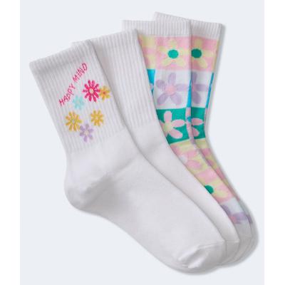 Aeropostale Womens' Happy Mind Floral Crew Sock 2-Pack - White - Size One Size - Cotton
